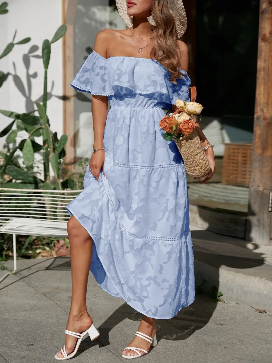Off Shoulder Ruffle Lace Trim Jacquard Tiered Maxi Dress - Wedding Guest