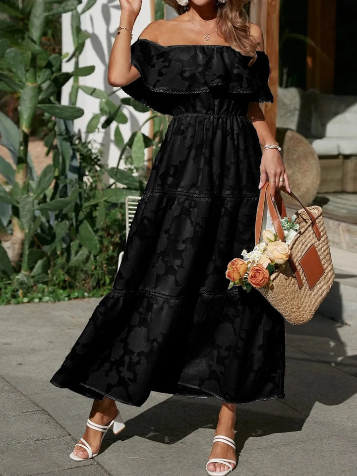 Off Shoulder Ruffle Lace Trim Jacquard Tiered Maxi Dress - Wedding Guest