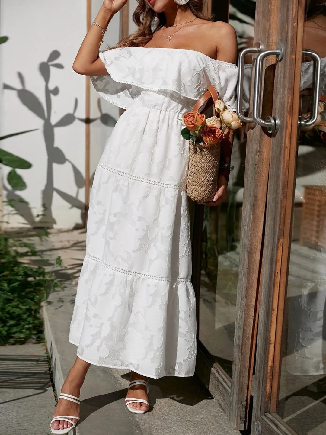 Off Shoulder Ruffle Lace Trim Jacquard Tiered Maxi Dress - Wedding Guest
