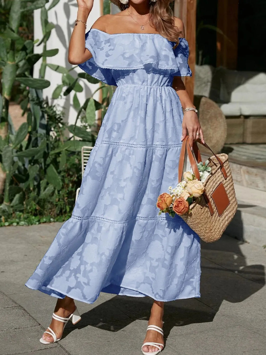 Off Shoulder Ruffle Lace Trim Jacquard Tiered Maxi Dress - Wedding Guest