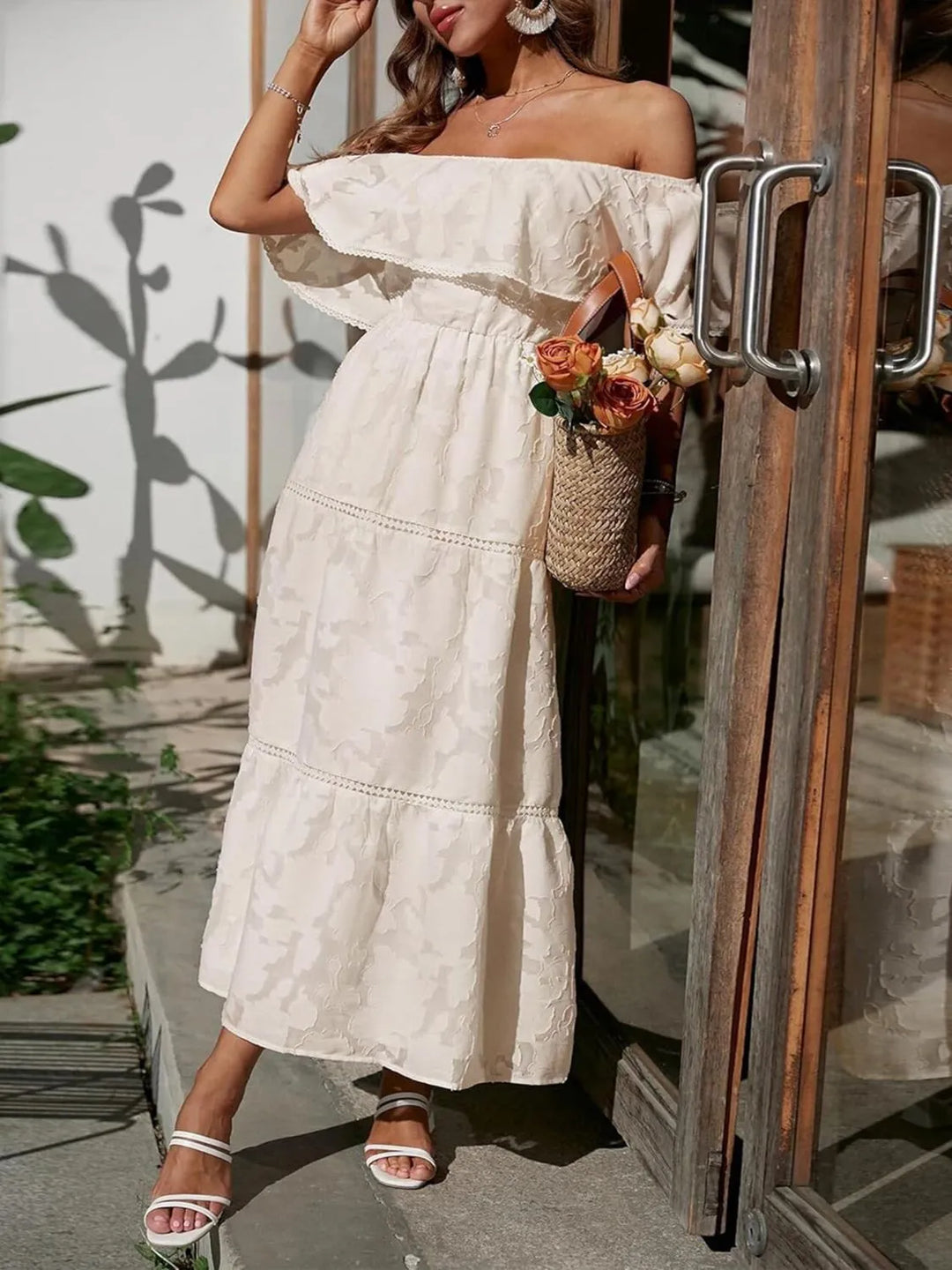 Off Shoulder Ruffle Lace Trim Jacquard Tiered Maxi Dress - Wedding Guest