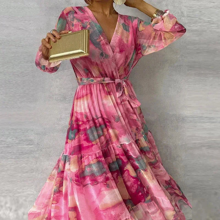 Women's pink floral printed maxi dress with long sleeves