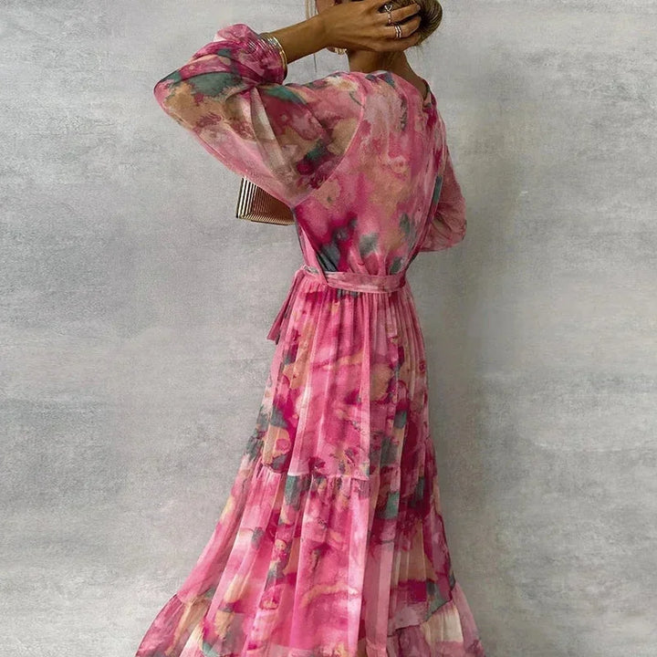 Women's pink floral printed maxi dress with long sleeves