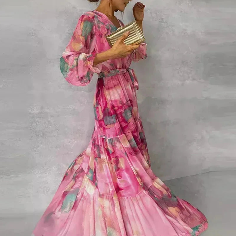 Women's pink floral printed maxi dress with long sleeves