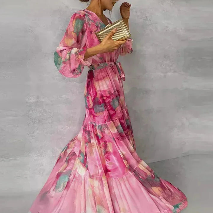 Women's pink floral printed maxi dress with long sleeves