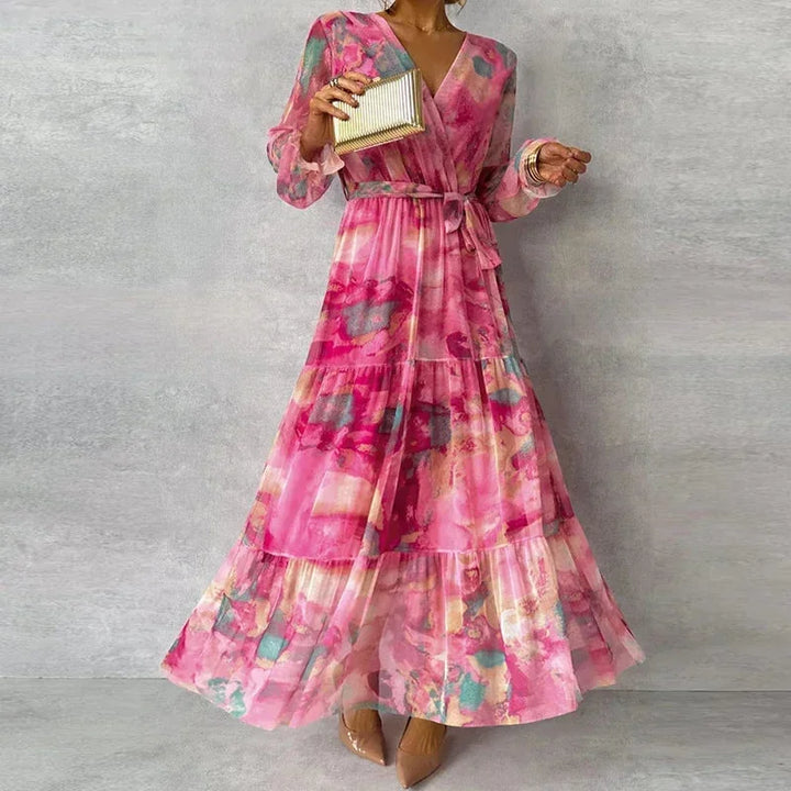 Women's pink floral printed maxi dress with long sleeves