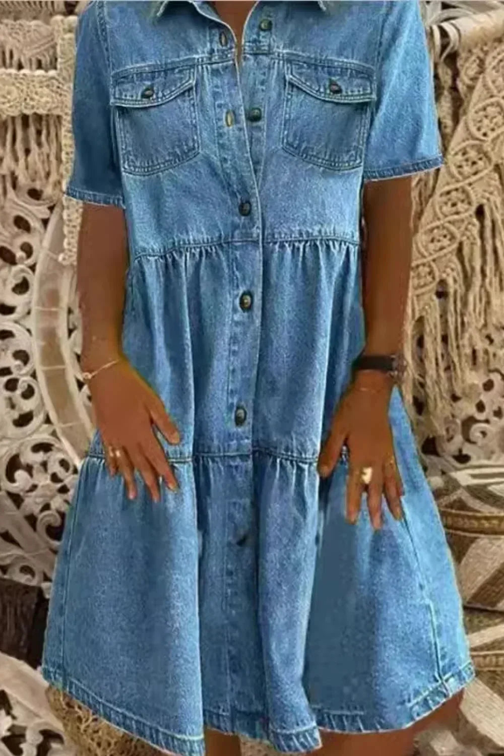 Women's short sleeve button-up denim dress with pockets