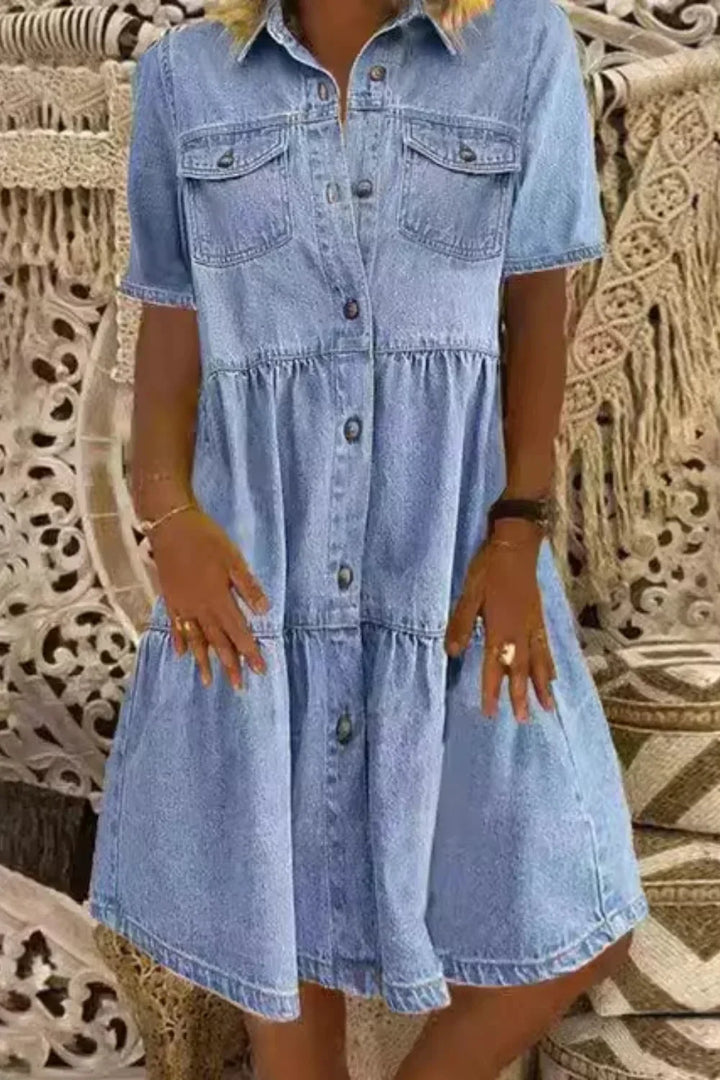 Women's short sleeve button-up denim dress with pockets