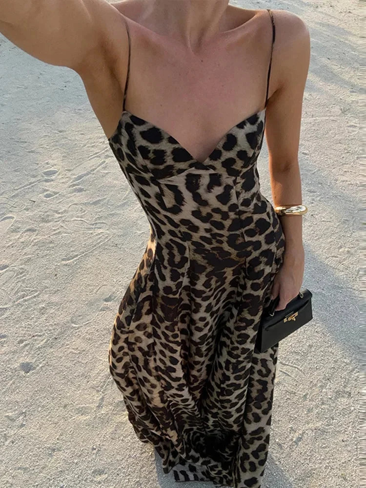 Women's sleeveless leopard print maxi dress with thin straps