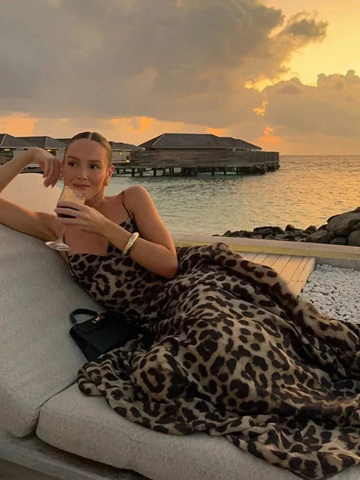 Women's sleeveless leopard print maxi dress with thin straps