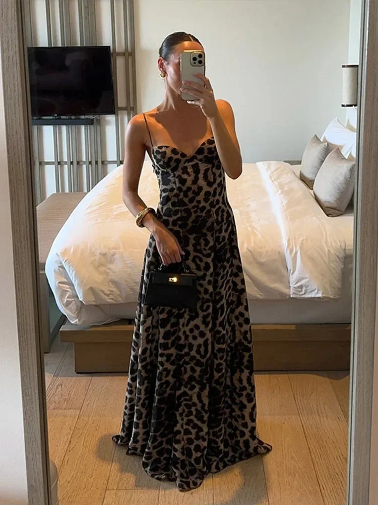 Women's sleeveless leopard print maxi dress with thin straps