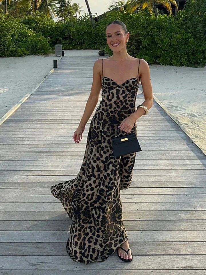 Women's sleeveless leopard print maxi dress with thin straps