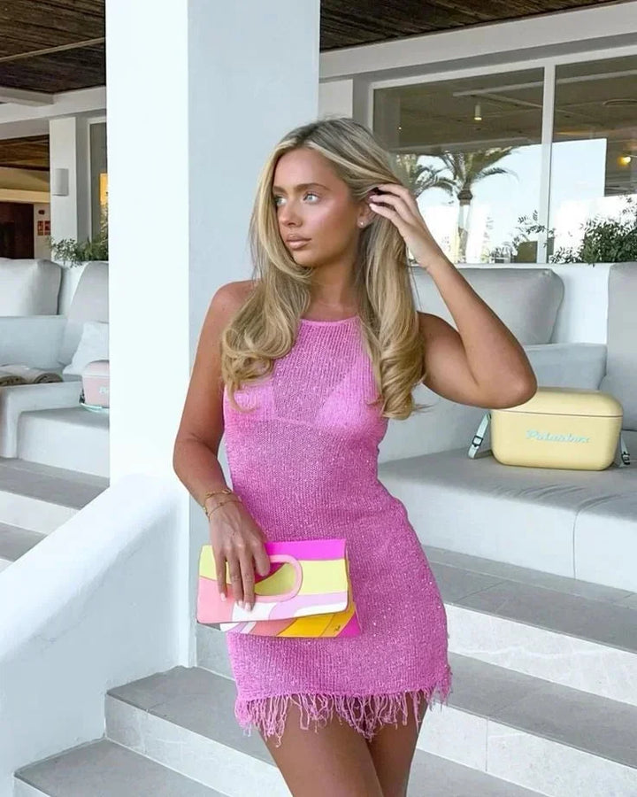 Women's sleeveless mini dress with shimmering fringe detail