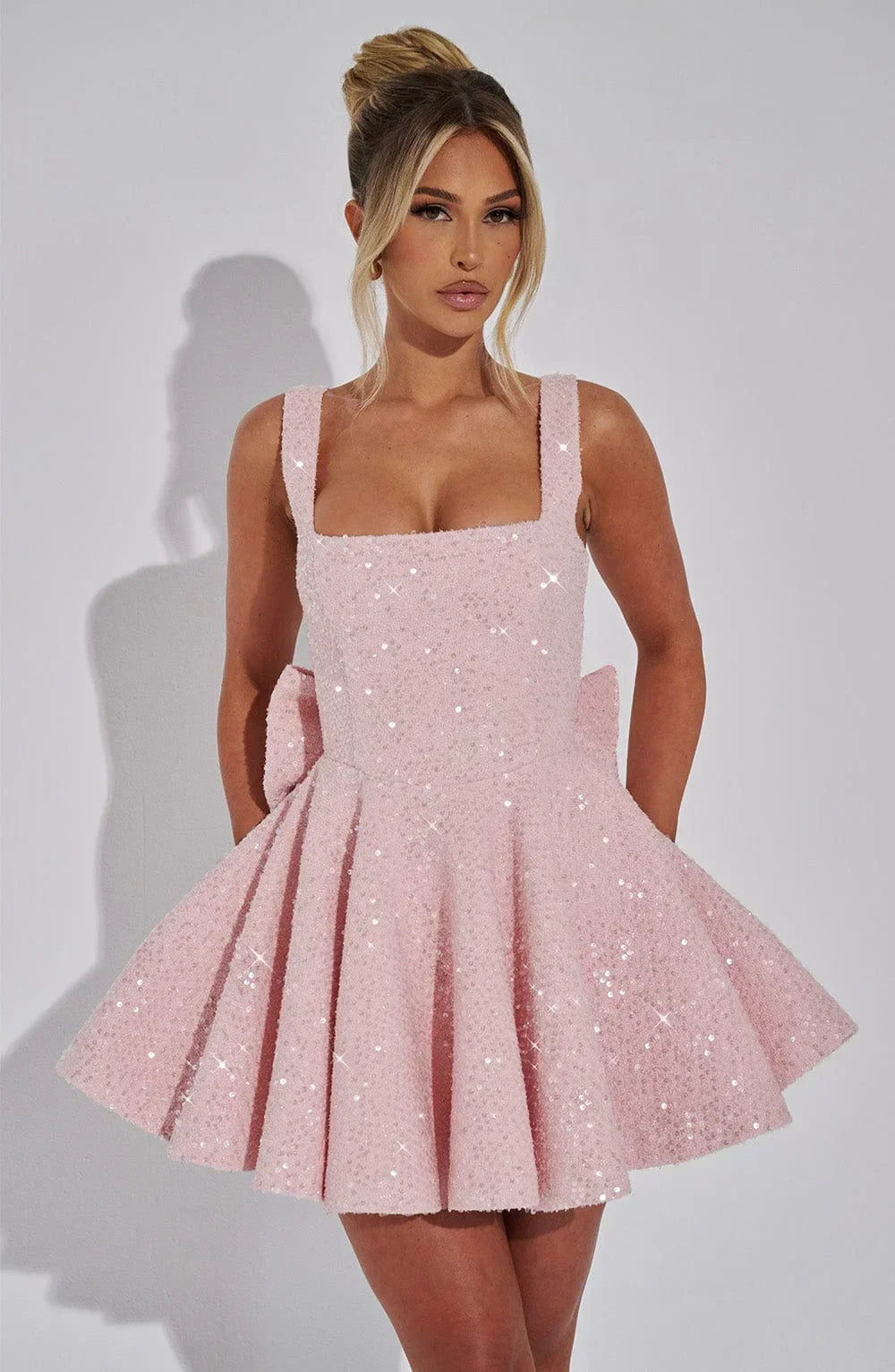 Women's sparkling fit and flare mini dress with square neckline