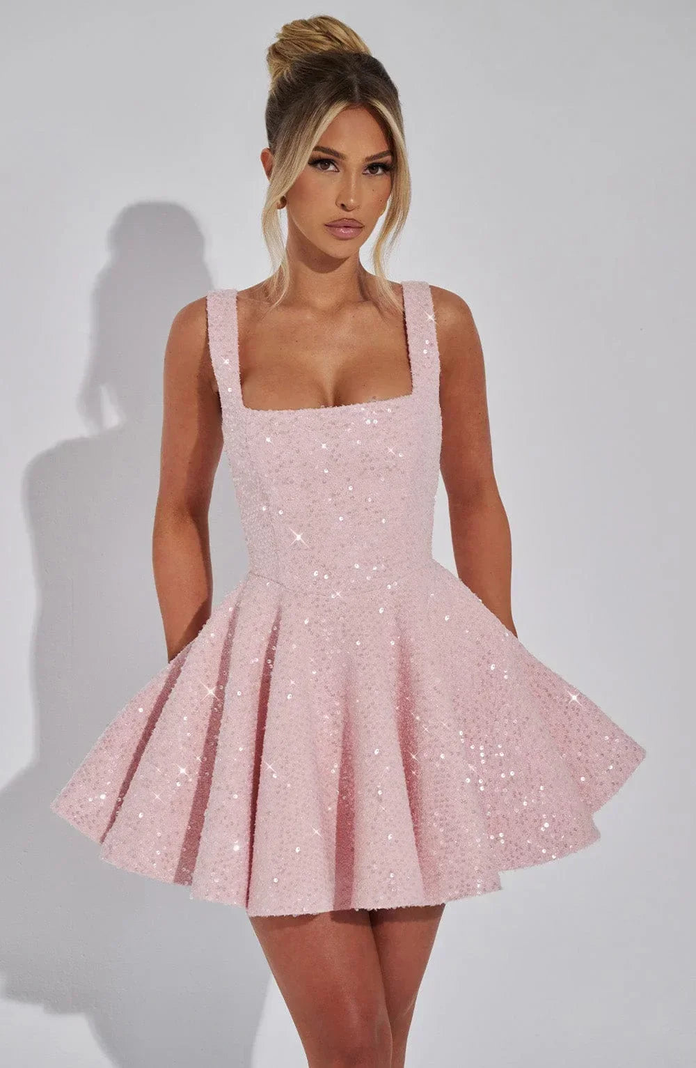 Women's sparkling fit and flare mini dress with square neckline
