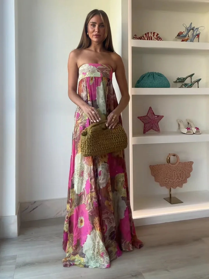 Floral Strapless Empire Waist Flowy Maxi Dress - Wedding Guest