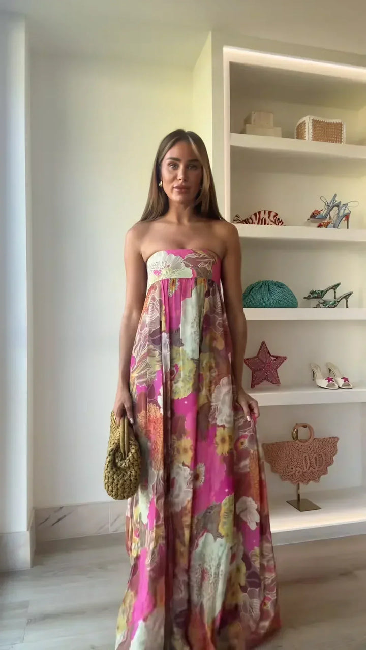 Floral Strapless Empire Waist Flowy Maxi Dress - Wedding Guest