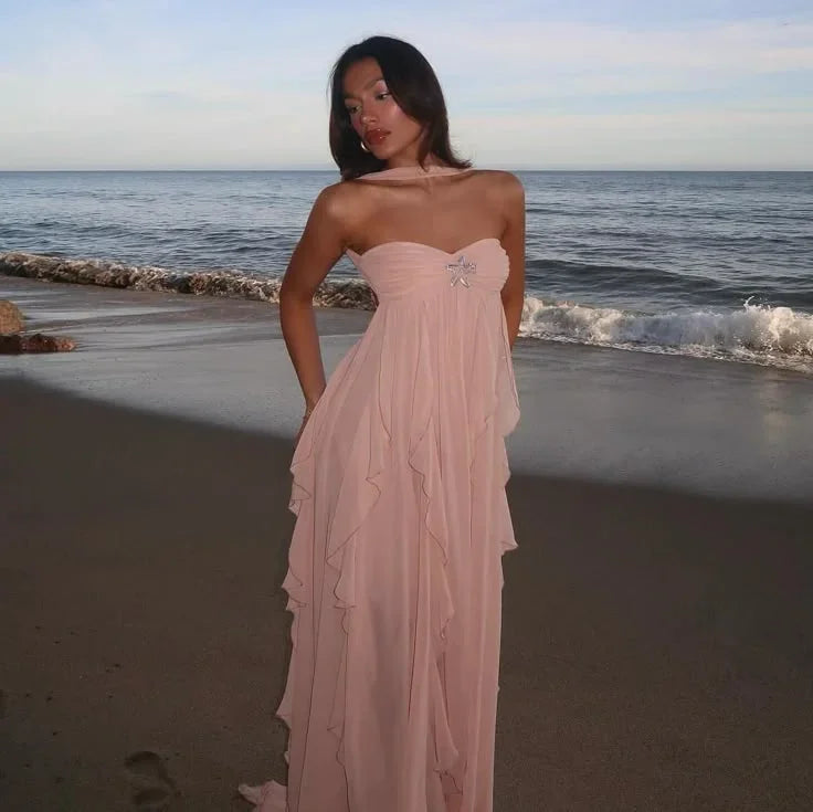 Women's strapless maxi dress with flowing ruffle details