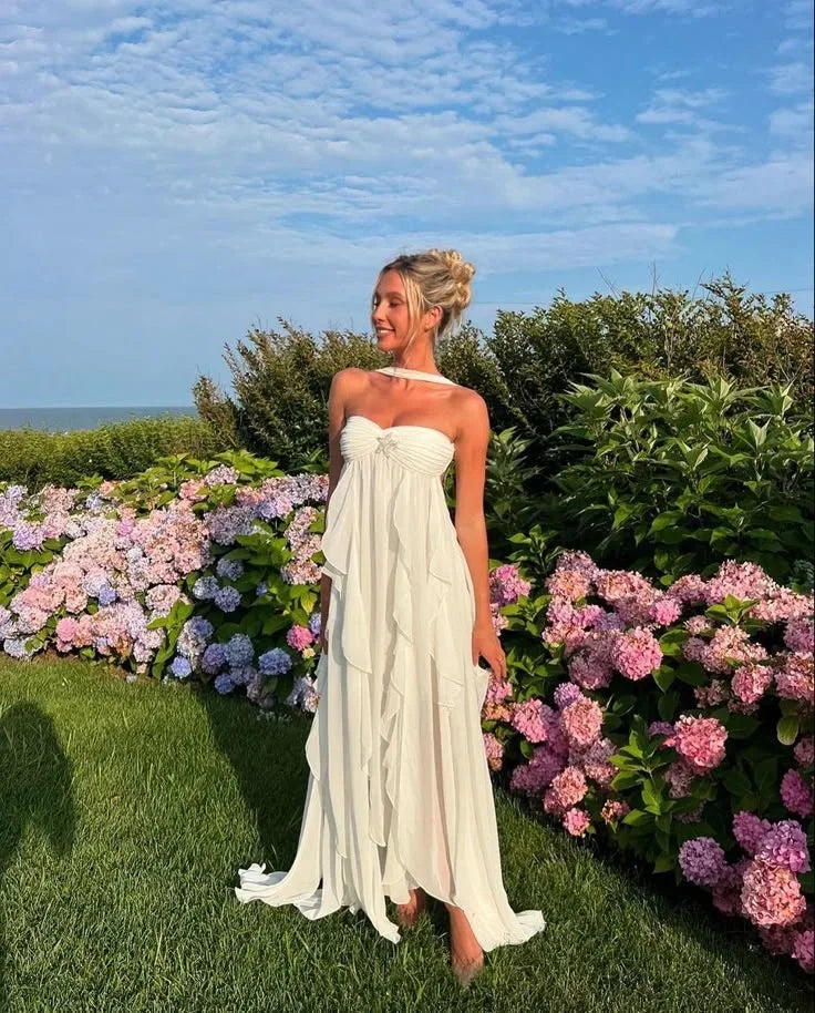 Women's strapless maxi dress with flowing ruffle details