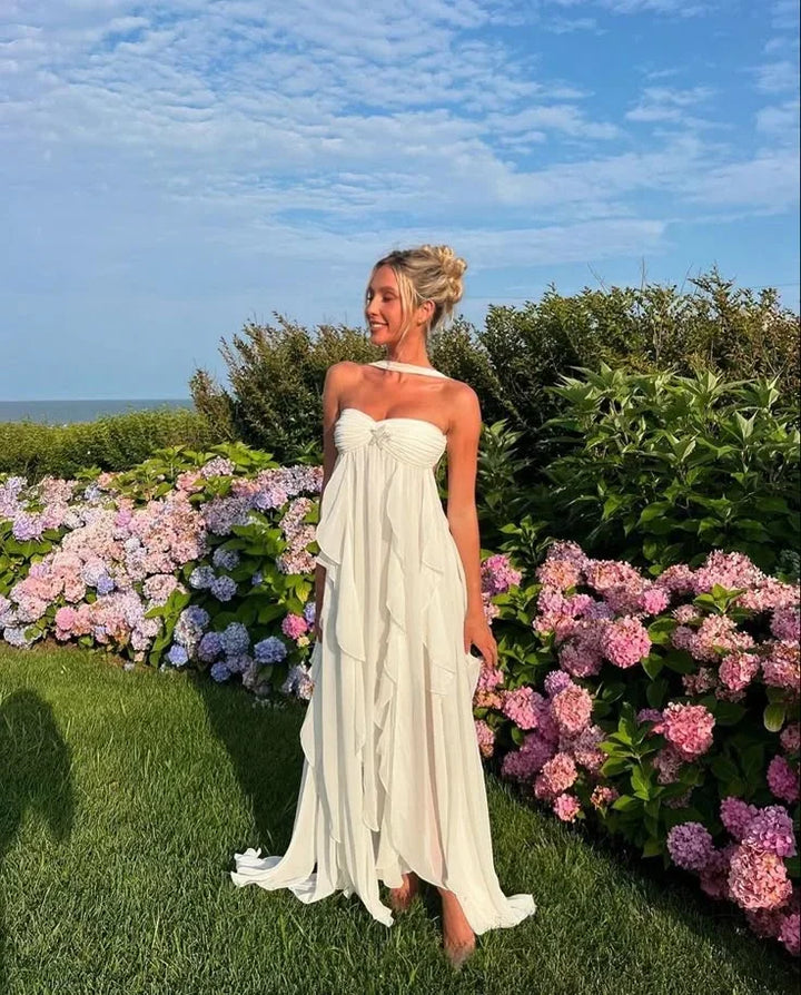 Women's strapless maxi dress with flowing ruffle details