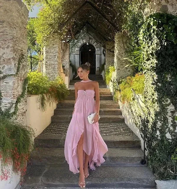 Women's strapless maxi dress with flowing ruffle details