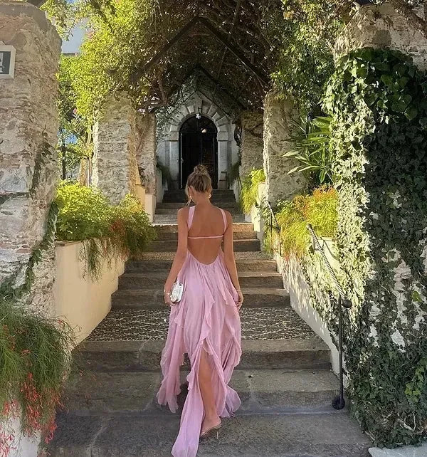 Women's strapless maxi dress with flowing ruffle details