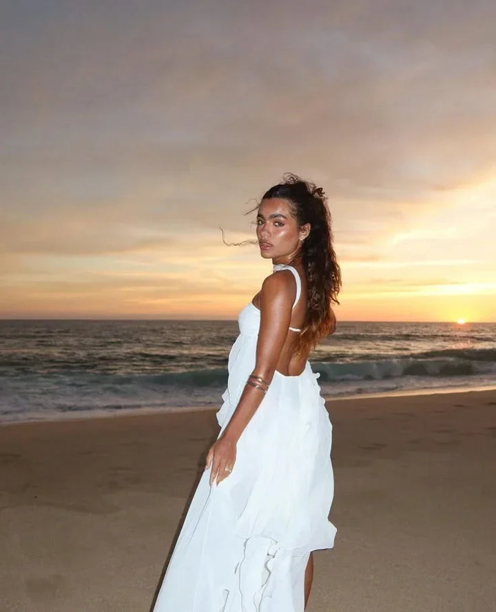 Women's strapless maxi dress with flowing ruffle details