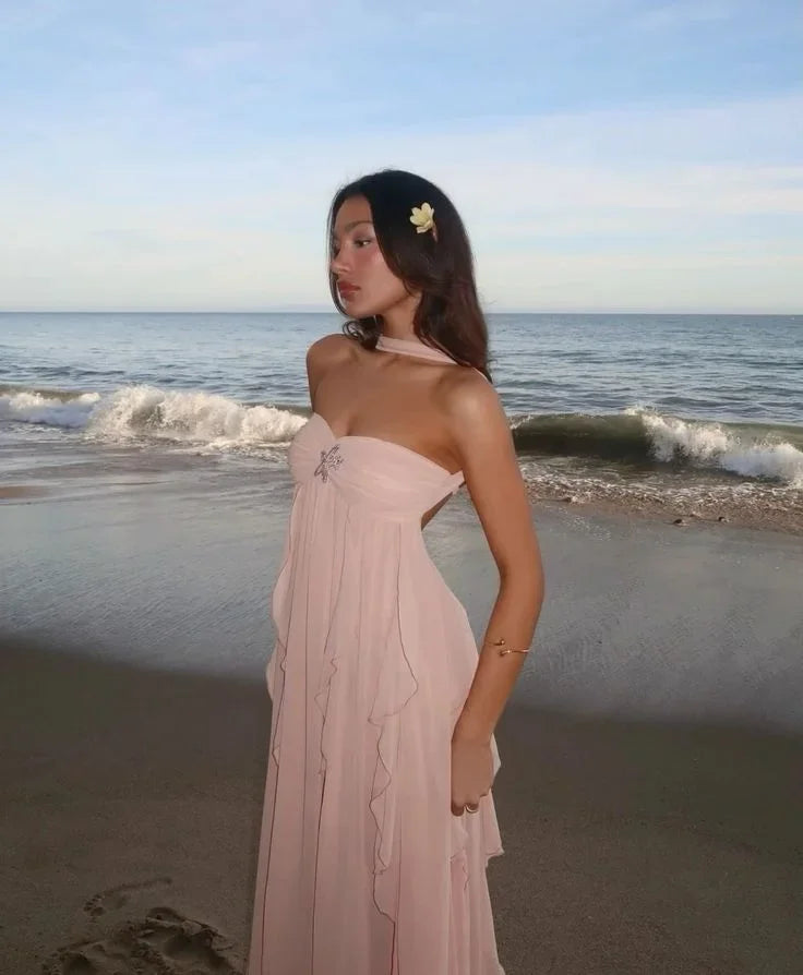 Women's strapless maxi dress with flowing ruffle details