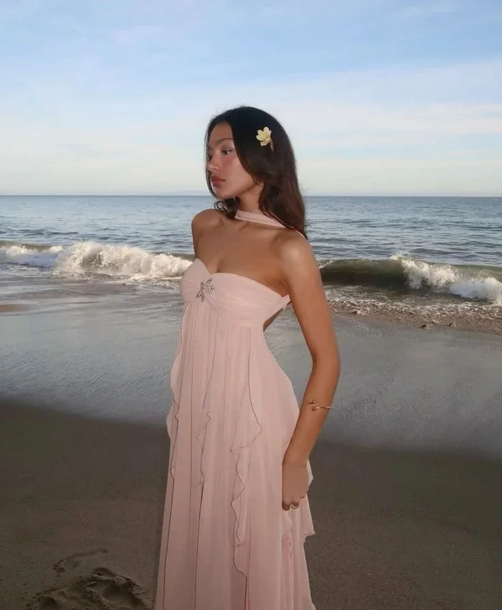 Women's strapless maxi dress with flowing ruffle details