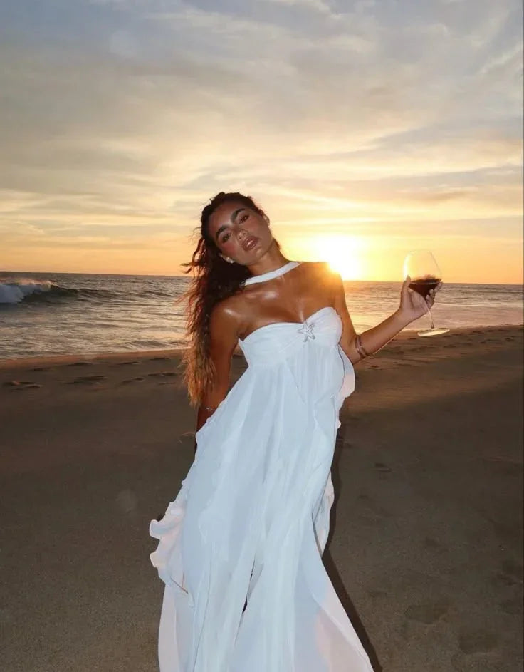 Women's strapless maxi dress with flowing ruffle details